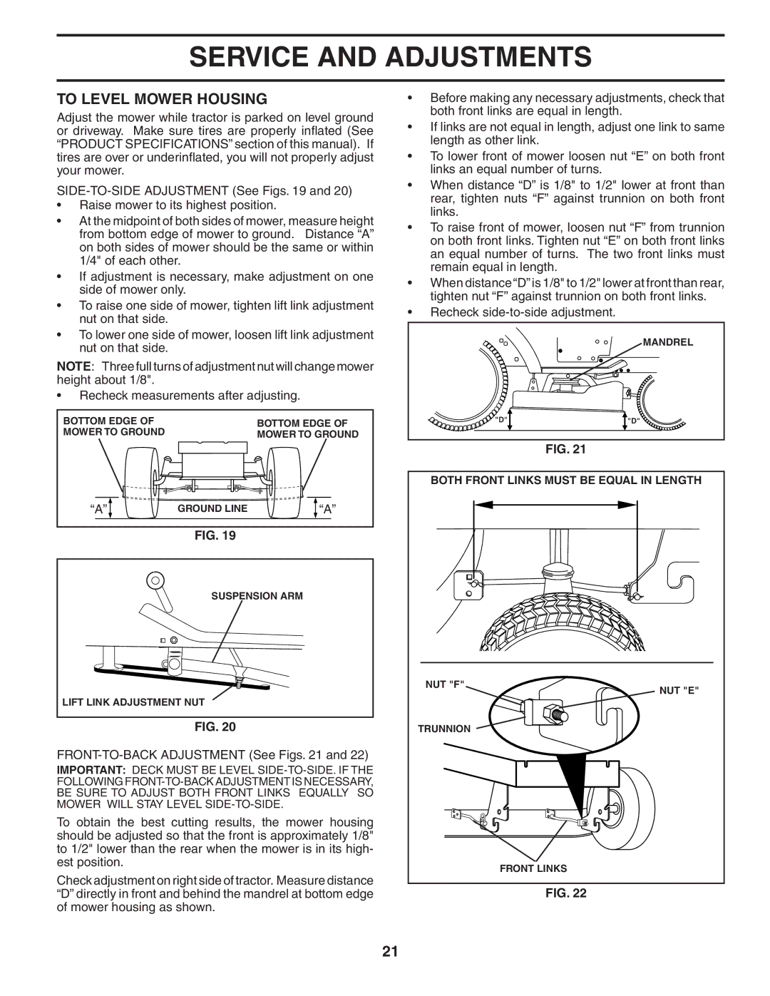 Poulan 184581 owner manual To Level Mower Housing, FRONT-TO-BACK Adjustment See Figs 