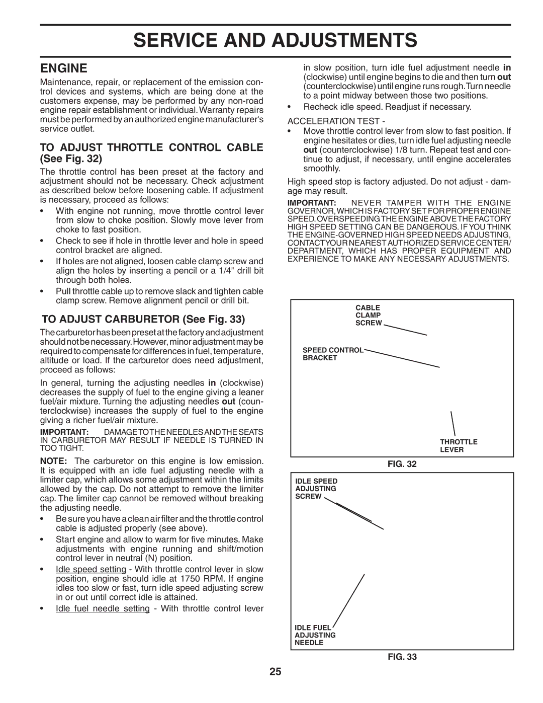 Poulan 184581 owner manual To Adjust Throttle Control Cable See Fig, To Adjust Carburetor See Fig, Acceleration Test 