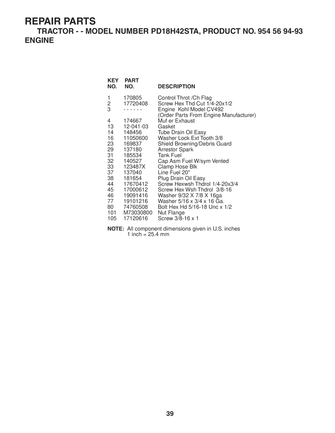 Poulan 184581 owner manual KEY Part NO. NO. Description 