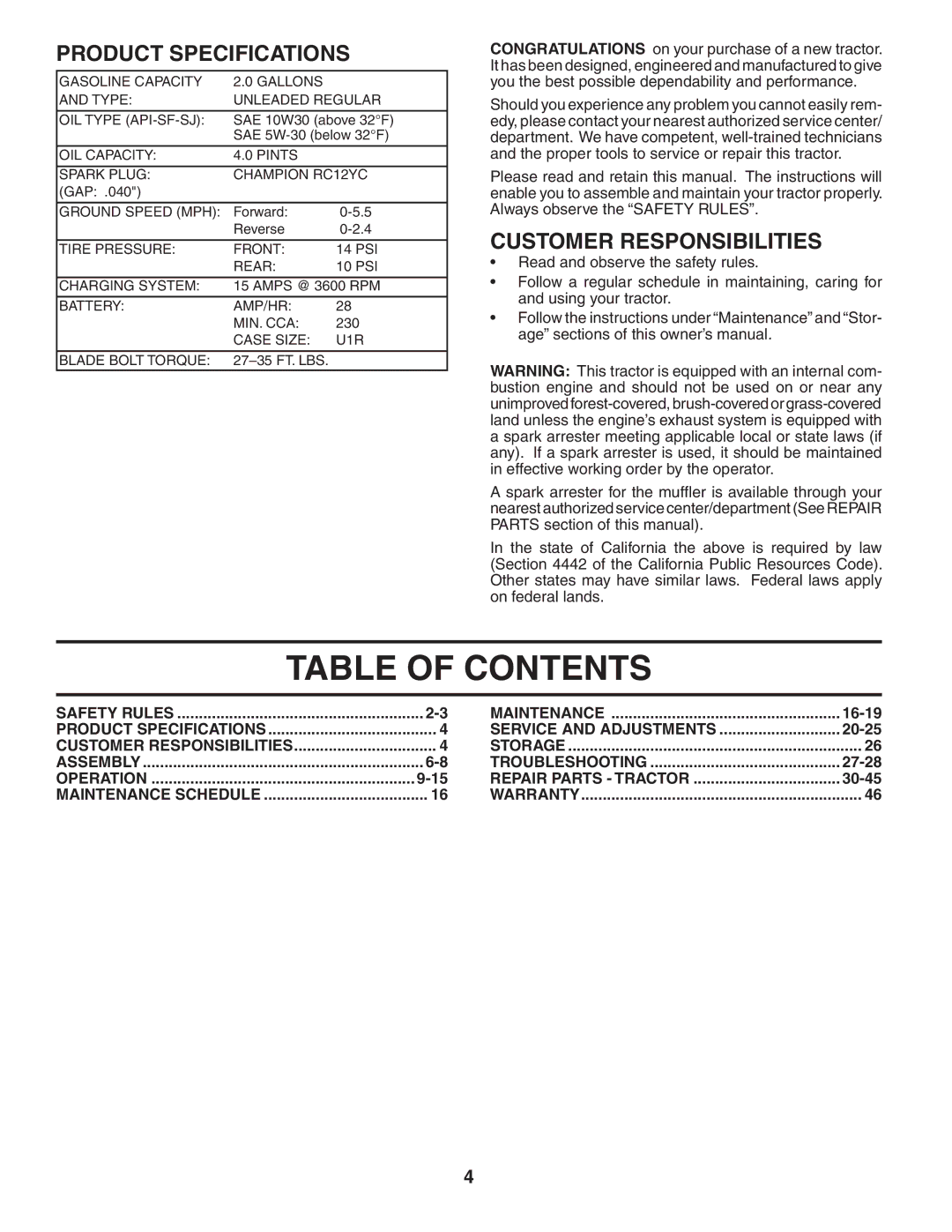 Poulan 184581 owner manual Table of Contents 