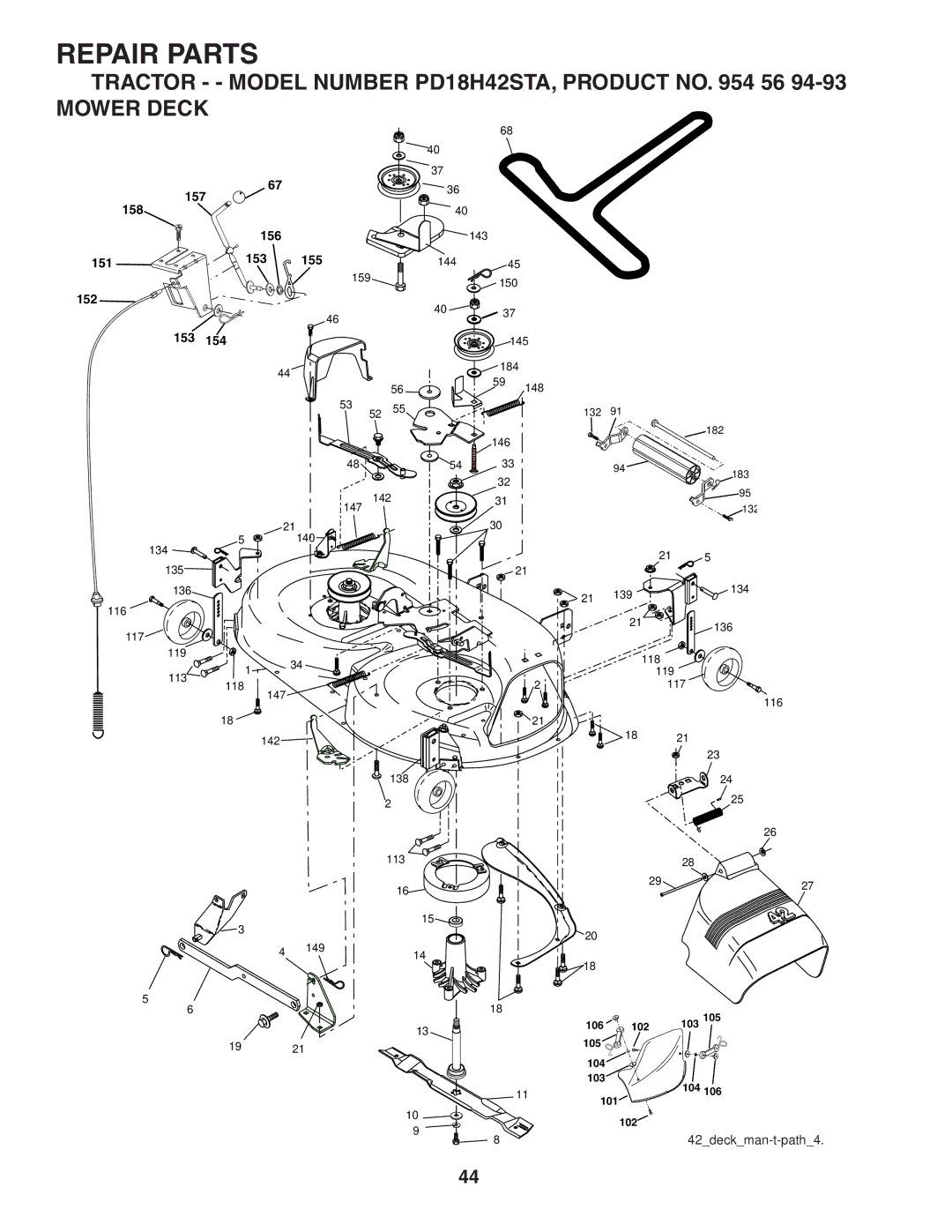 Poulan 184581 owner manual Tractor - Model Number PD18H42STA, Product no 56 Mower Deck, 152 153 154 