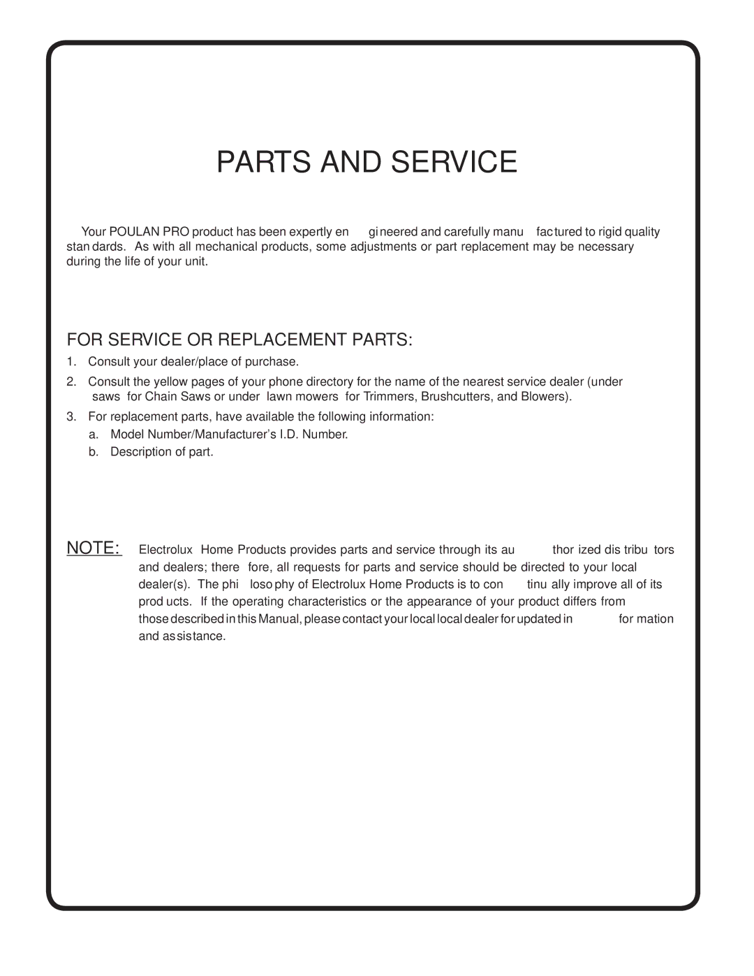 Poulan 184581 owner manual Parts and Service 