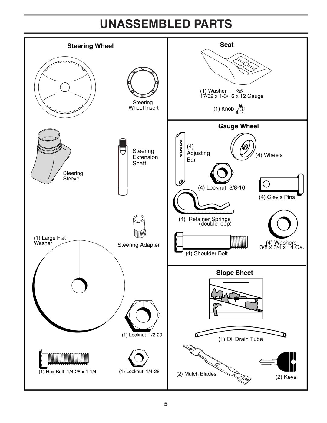 Poulan 184581 owner manual Unassembled Parts, Steering Wheel Seat, Gauge Wheel, Slope Sheet 