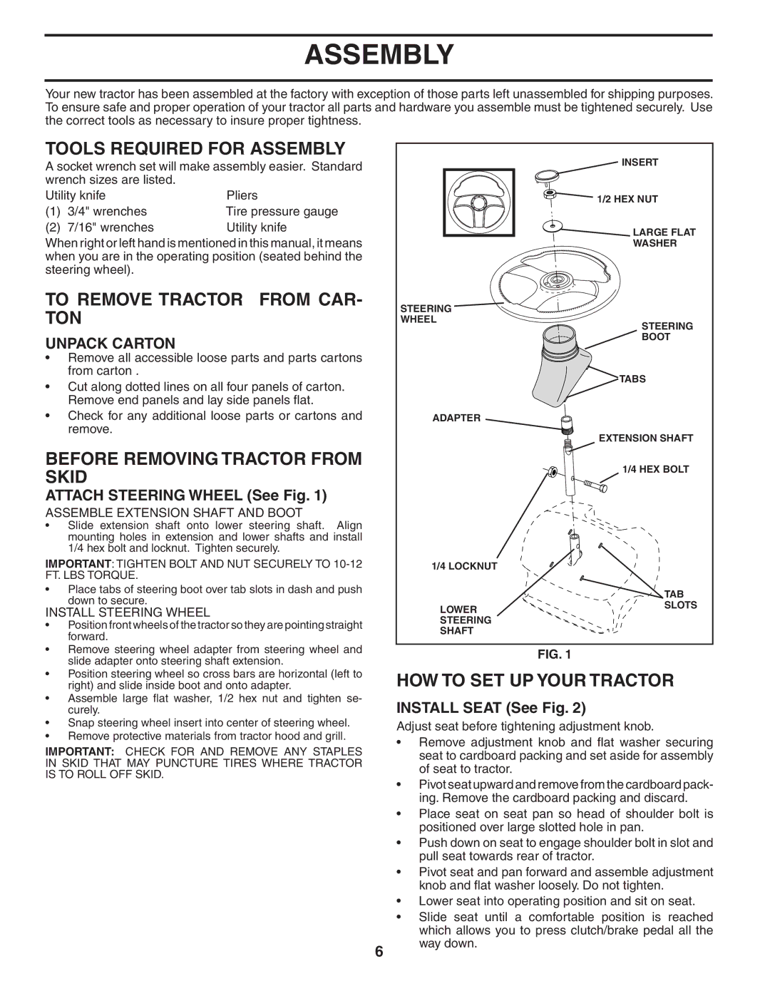 Poulan 184581 Tools Required for Assembly, To Remove Tractor from CAR- TON, Before Removing Tractor from Skid 