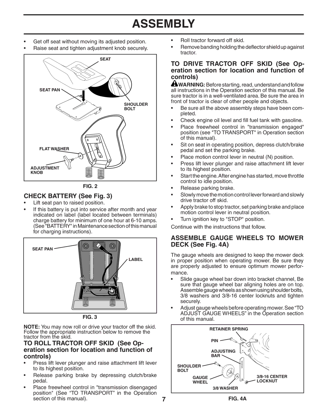 Poulan 184581 owner manual Check Battery See Fig, Assemble Gauge Wheels to Mower Deck See a 