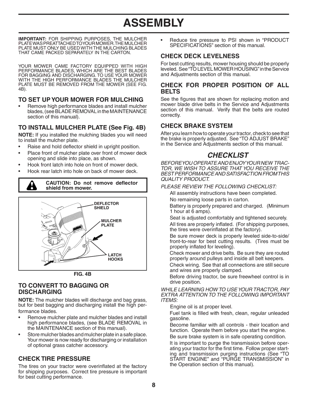 Poulan 184581 owner manual To SET UP Your Mower for Mulching, To Convert to Bagging or Discharging, Check Tire Pressure 