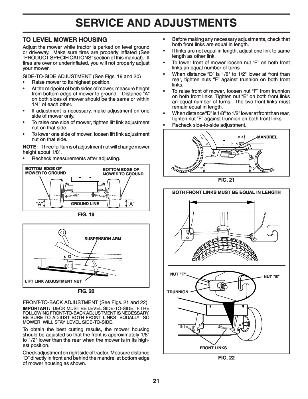 Poulan 184581 owner manual To Level Mower Housing, Service And Adjustments 