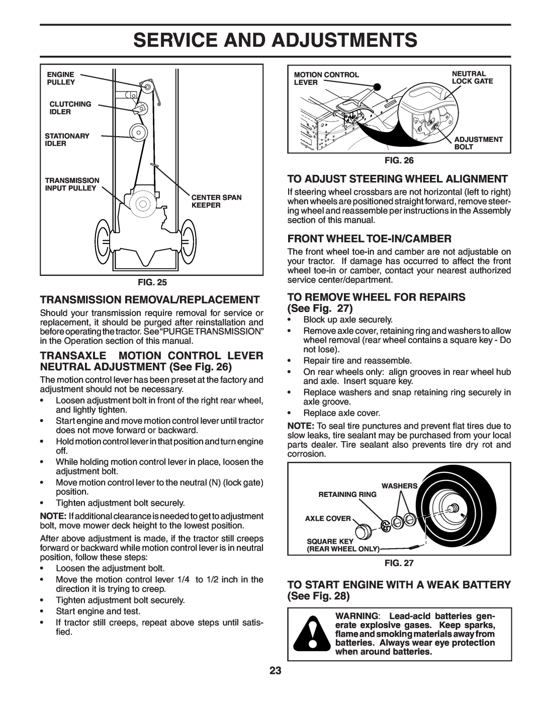Poulan 184581 owner manual Transmission Removal/Replacement, To Adjust Steering Wheel Alignment, Front Wheel Toe-In/Camber 