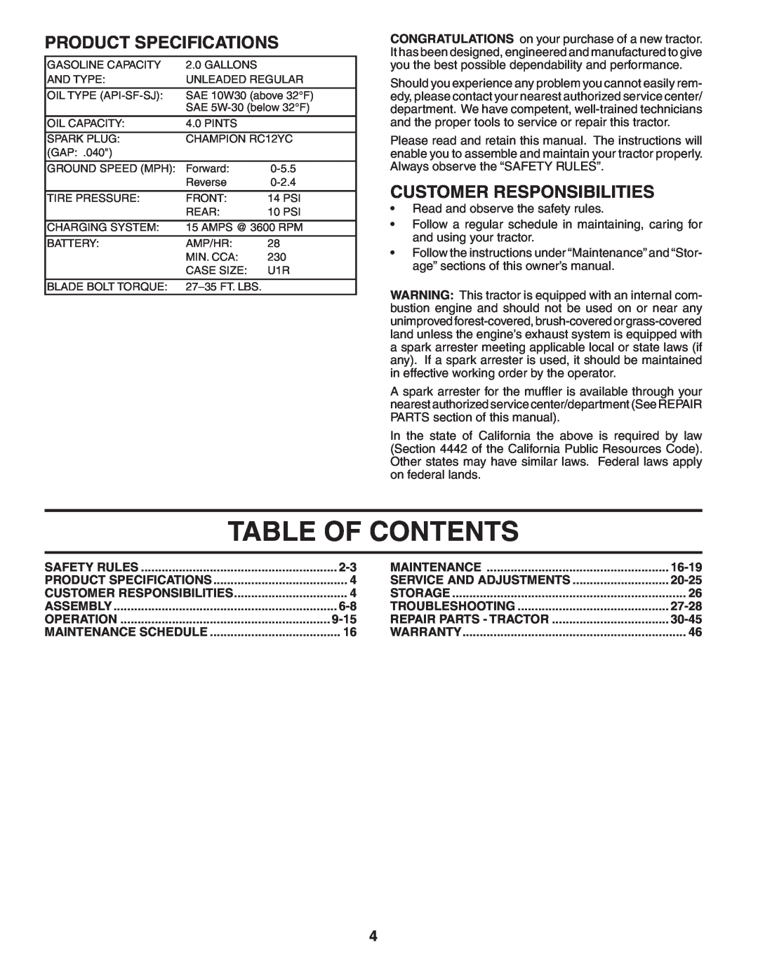 Poulan 184581 owner manual Table Of Contents, Product Specifications, Customer Responsibilities 