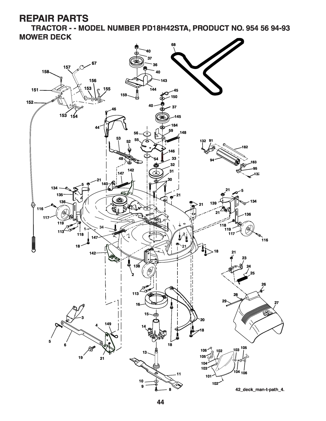 Poulan 184581 owner manual Mower Deck, Repair Parts, 42_deck_man-t-path_4 