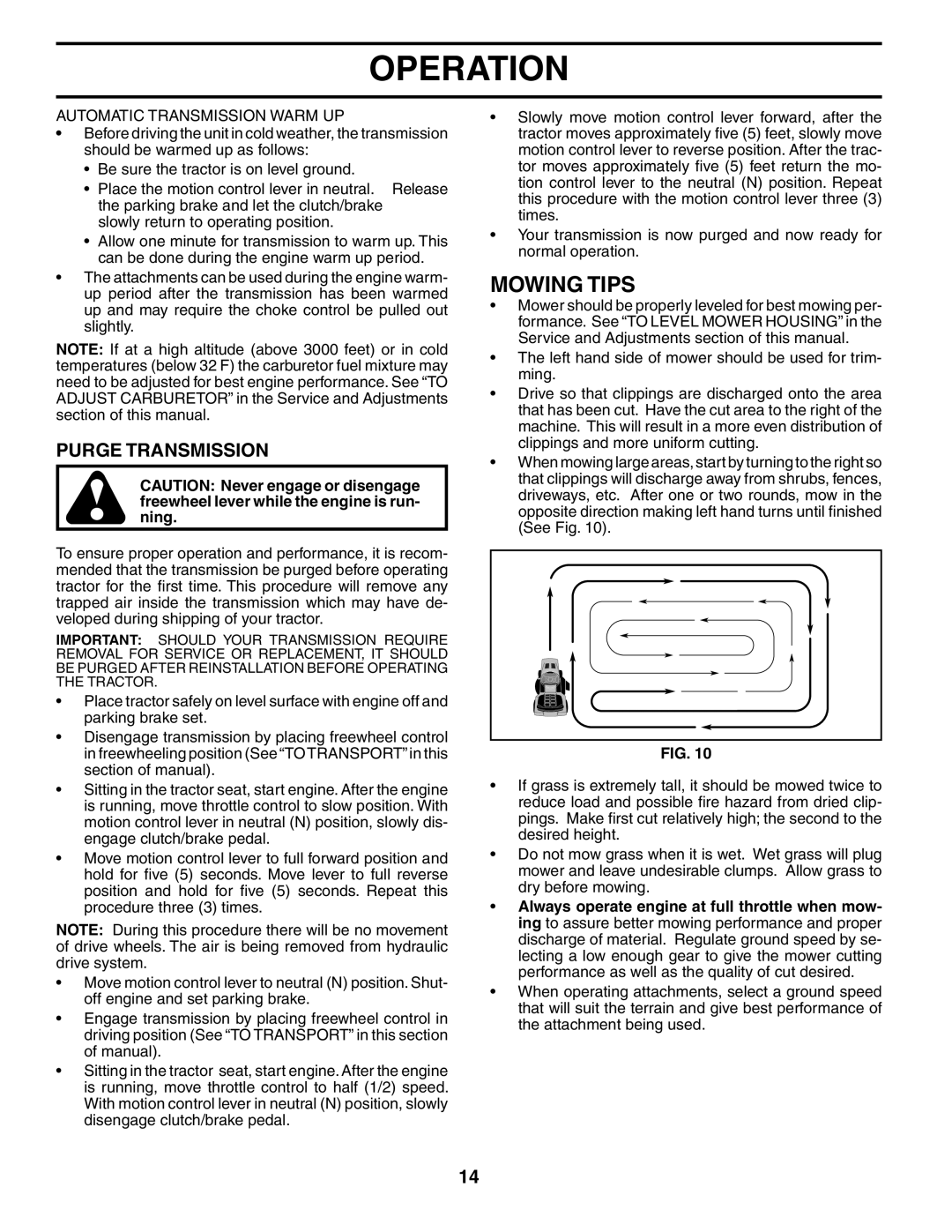 Poulan 184617 owner manual Mowing Tips, Purge Transmission, Automatic Transmission Warm UP 