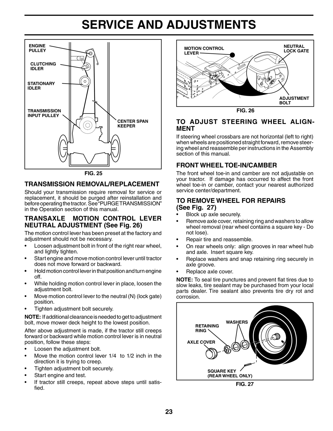 Poulan 184617 owner manual Transmission REMOVAL/REPLACEMENT, Transaxle Motion Control Lever Neutral Adjustment See Fig 