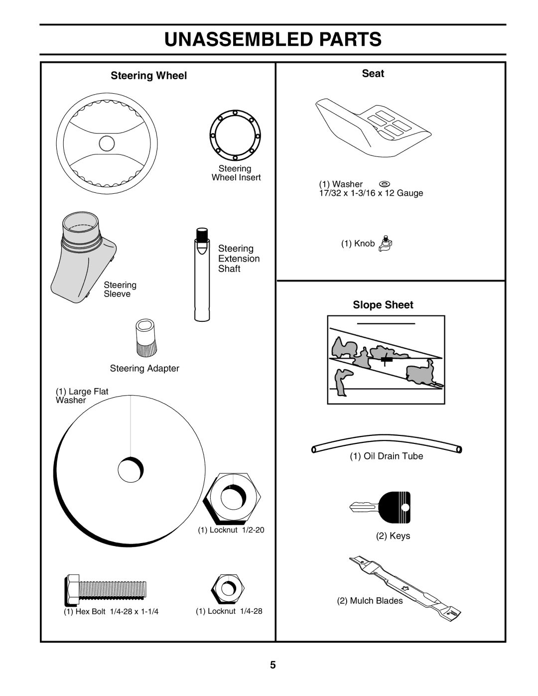 Poulan 184617 owner manual Unassembled Parts, Steering Wheel Seat, Slope Sheet 