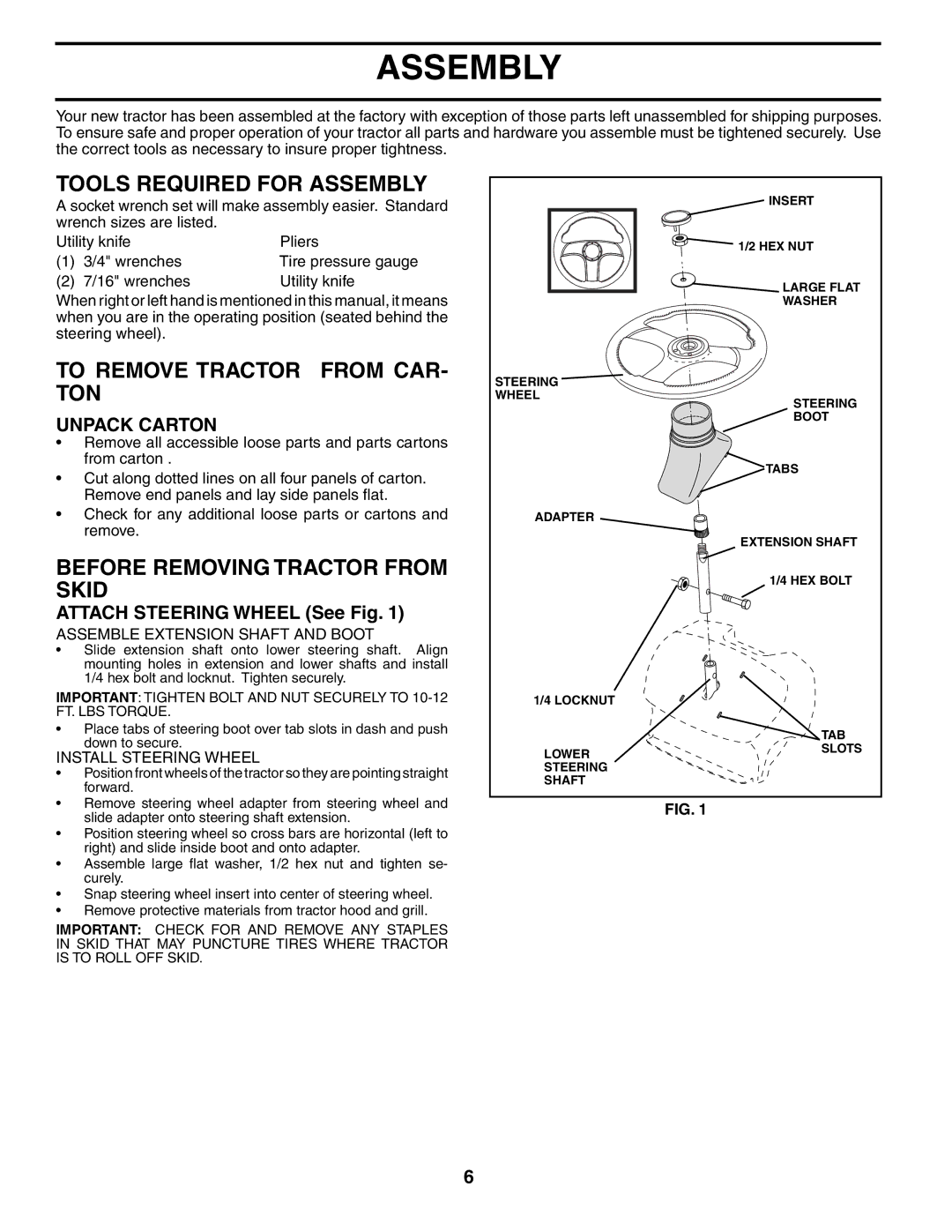 Poulan 184617 Tools Required for Assembly, To Remove Tractor from CAR- TON, Before Removing Tractor from Skid 