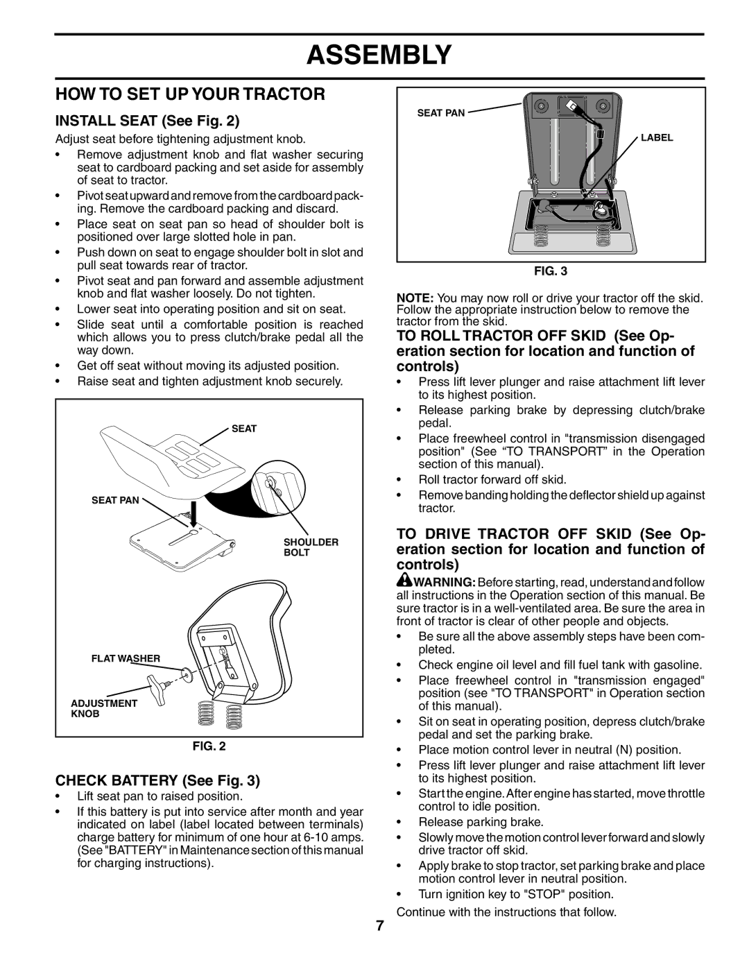 Poulan 184617 owner manual HOW to SET UP Your Tractor, Install Seat See Fig, Check Battery See Fig 