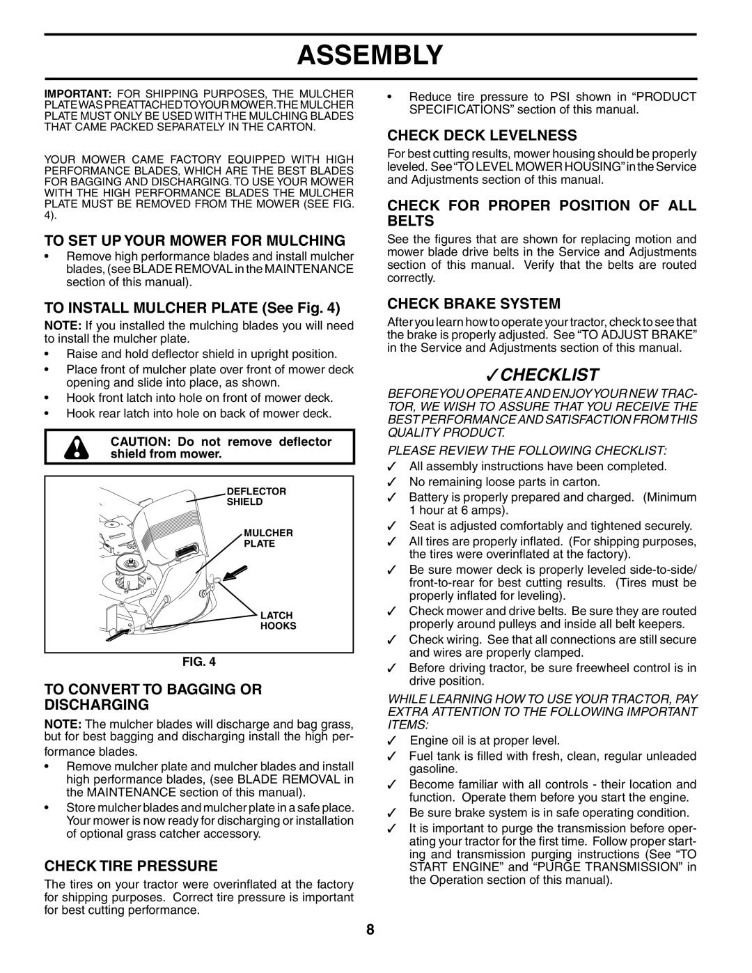 Poulan 184617 owner manual To SET UP Your Mower for Mulching, To Convert to Bagging or Discharging, Check Tire Pressure 