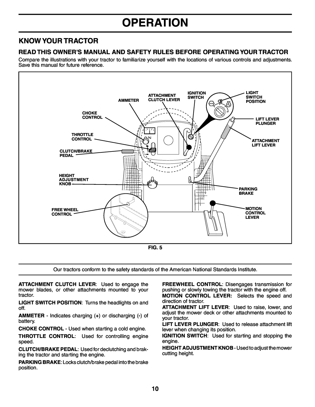 Poulan 184617 owner manual Know Your Tractor, Operation, HEIGHT ADJUSTMENT KNOB - Used to adjust the mower cutting height 
