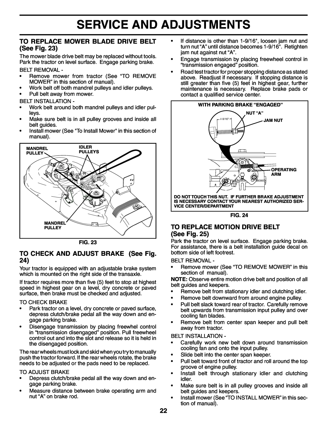 Poulan 184617 TO REPLACE MOWER BLADE DRIVE BELT See Fig, TO CHECK AND ADJUST BRAKE See Fig, Service And Adjustments 