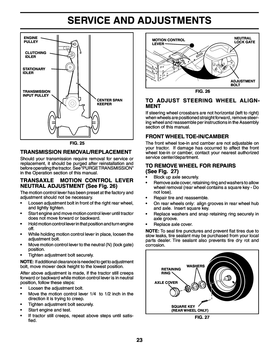 Poulan 184617 owner manual Transmission Removal/Replacement, TRANSAXLE MOTION CONTROL LEVER NEUTRAL ADJUSTMENT See Fig 