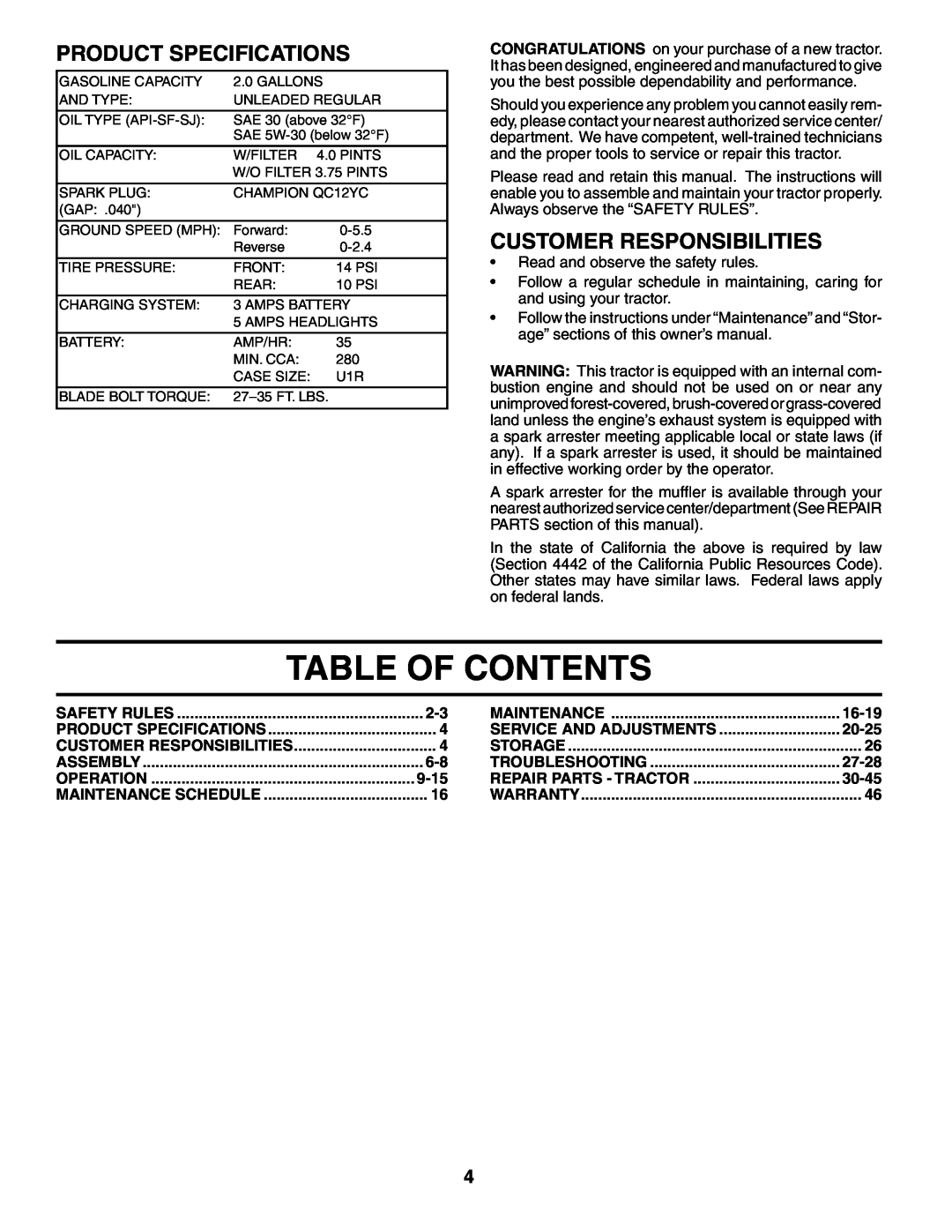 Poulan 184617 owner manual Table Of Contents, Product Specifications, Customer Responsibilities 