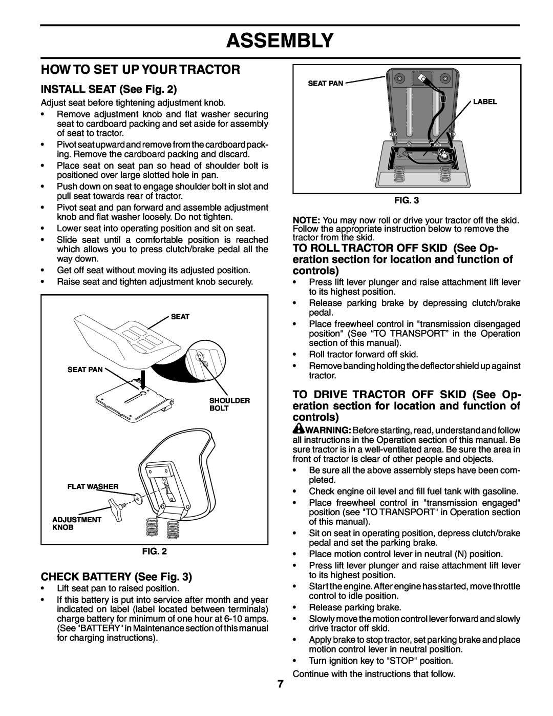 Poulan 184617 owner manual How To Set Up Your Tractor, INSTALL SEAT See Fig, CHECK BATTERY See Fig, Assembly 