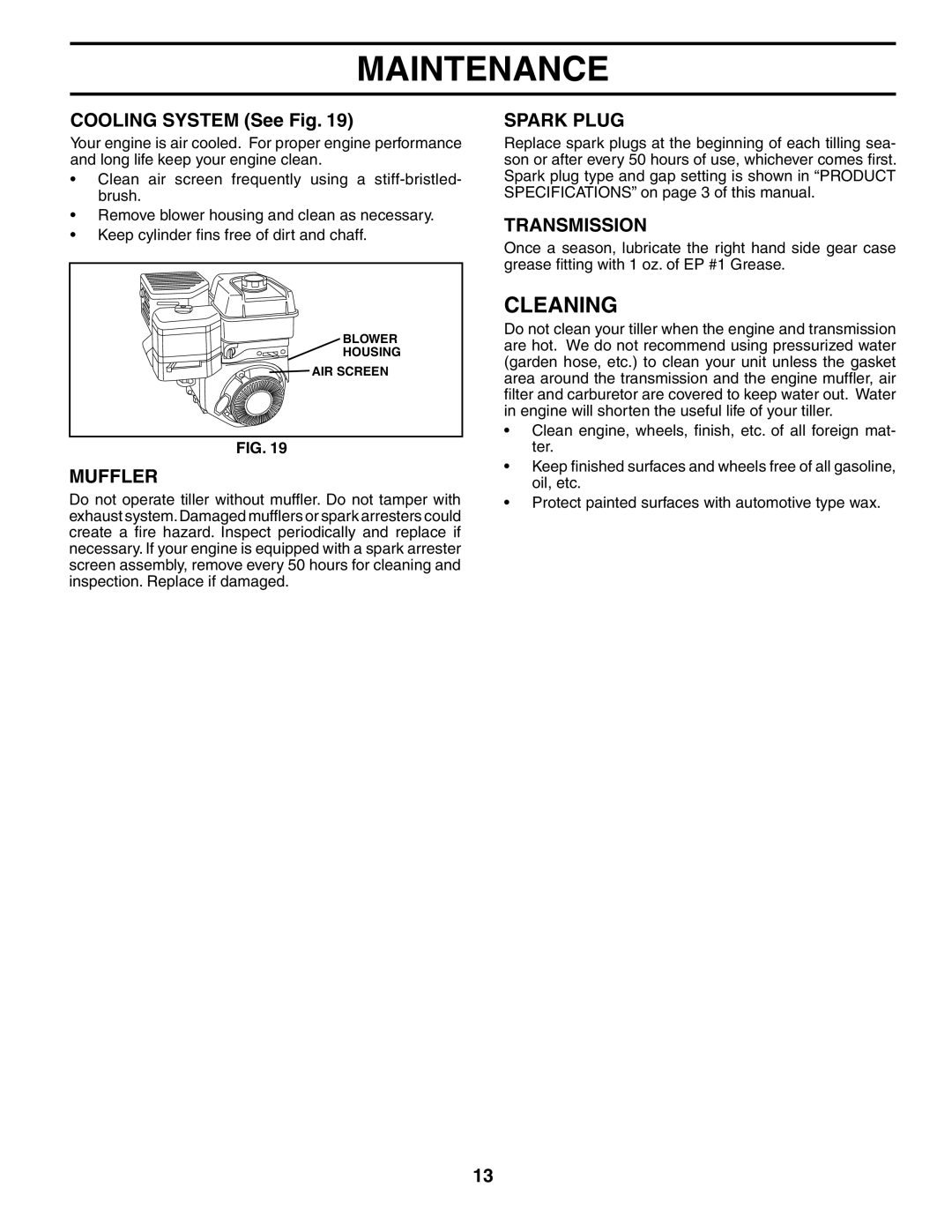 Poulan 184865 owner manual Cleaning, Cooling System See Fig, Muffler, Spark Plug, Transmission 