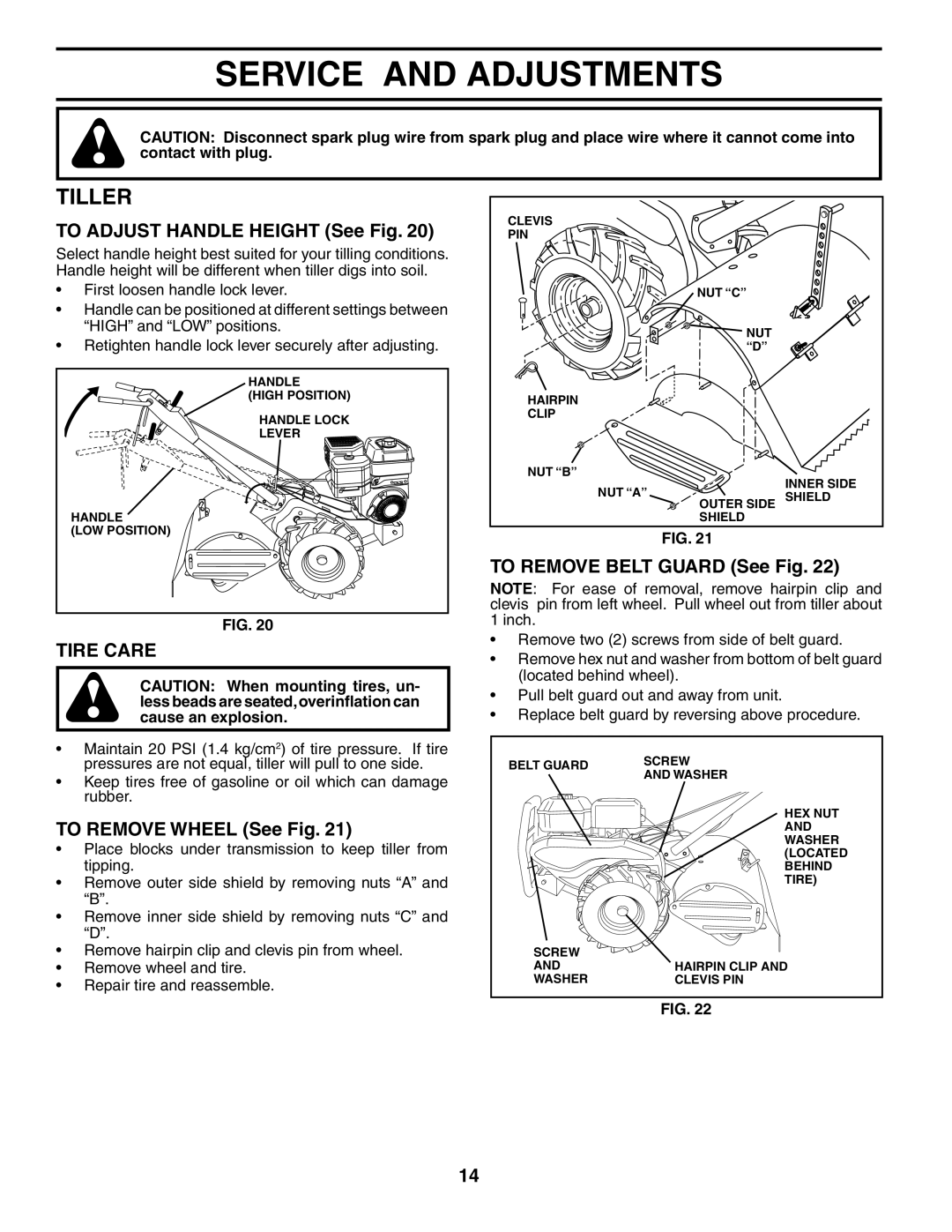 Poulan 184865 owner manual Service and Adjustments, Tiller, Tire Care 