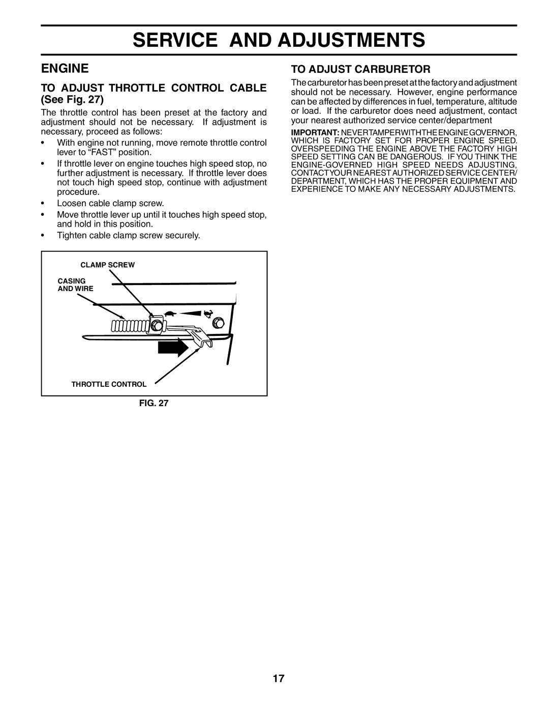 Poulan 184865 owner manual To Adjust Throttle Control Cable See Fig, To Adjust Carburetor 