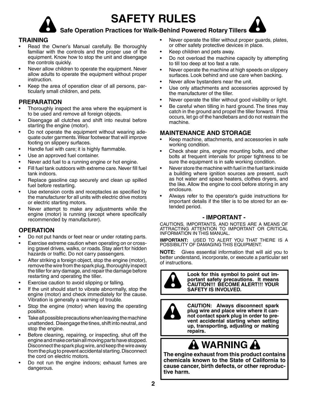 Poulan 184865 owner manual Safety Rules, Training, Preparation, Operation, Maintenance and Storage 