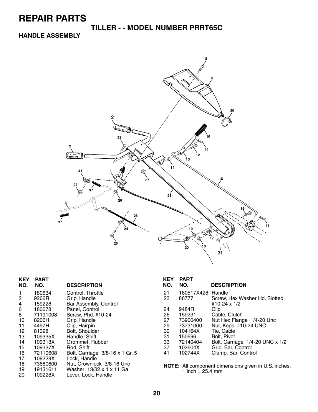 Poulan 184865 owner manual Tiller - Model Number PRRT65C, Handle Assembly 