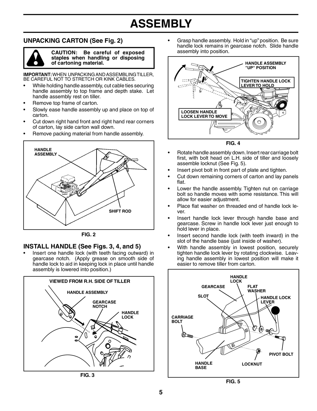 Poulan 184865 owner manual Unpacking Carton See Fig, Install Handle See Figs , 4 