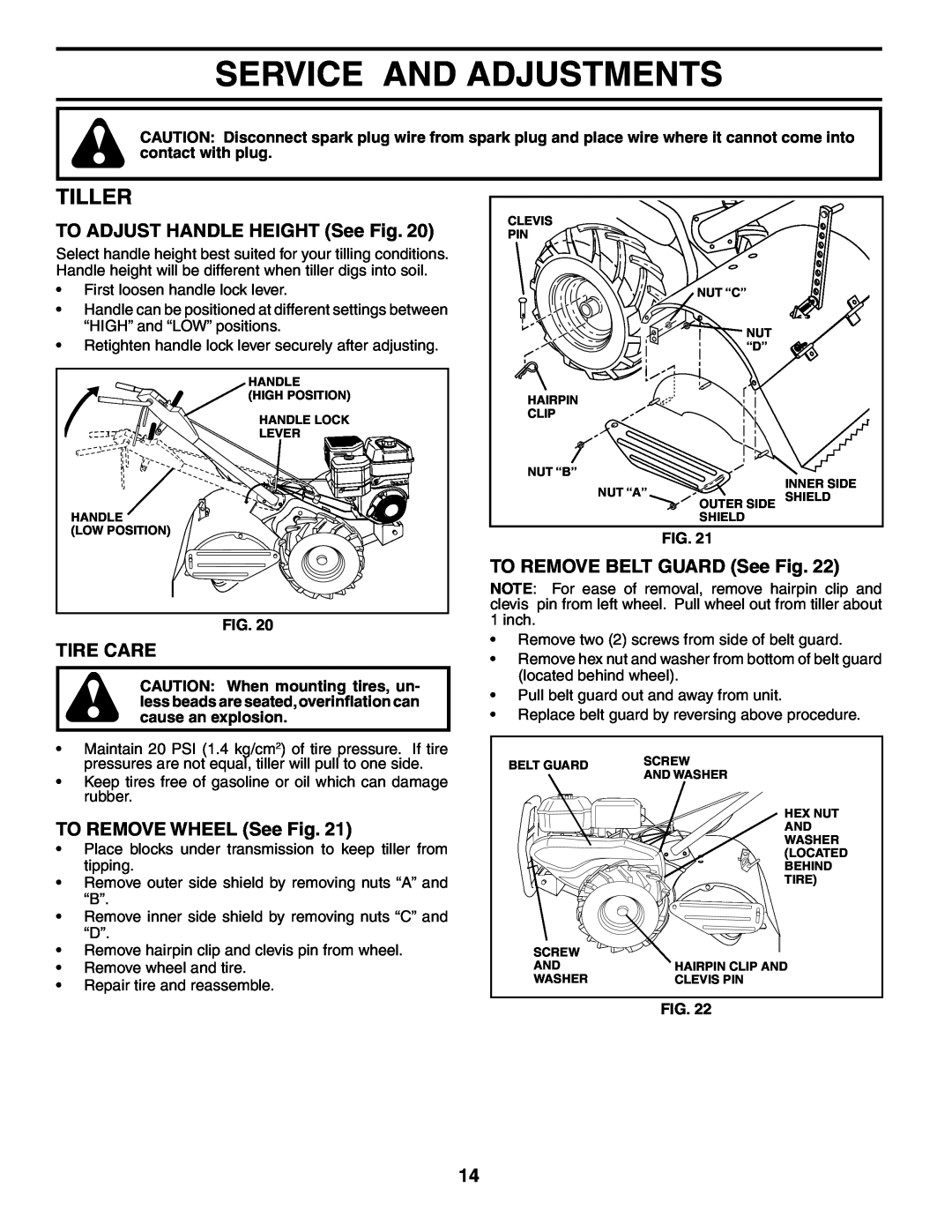 Poulan 184865 Service And Adjustments, Tiller, TO ADJUST HANDLE HEIGHT See Fig, Tire Care, TO REMOVE WHEEL See Fig 