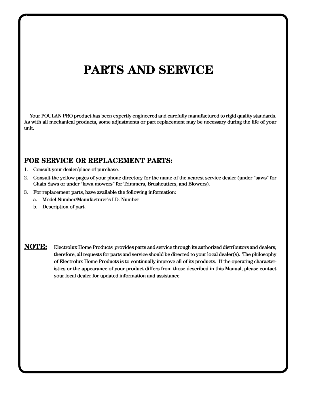 Poulan 184865 owner manual Parts And Service, For Service Or Replacement Parts 