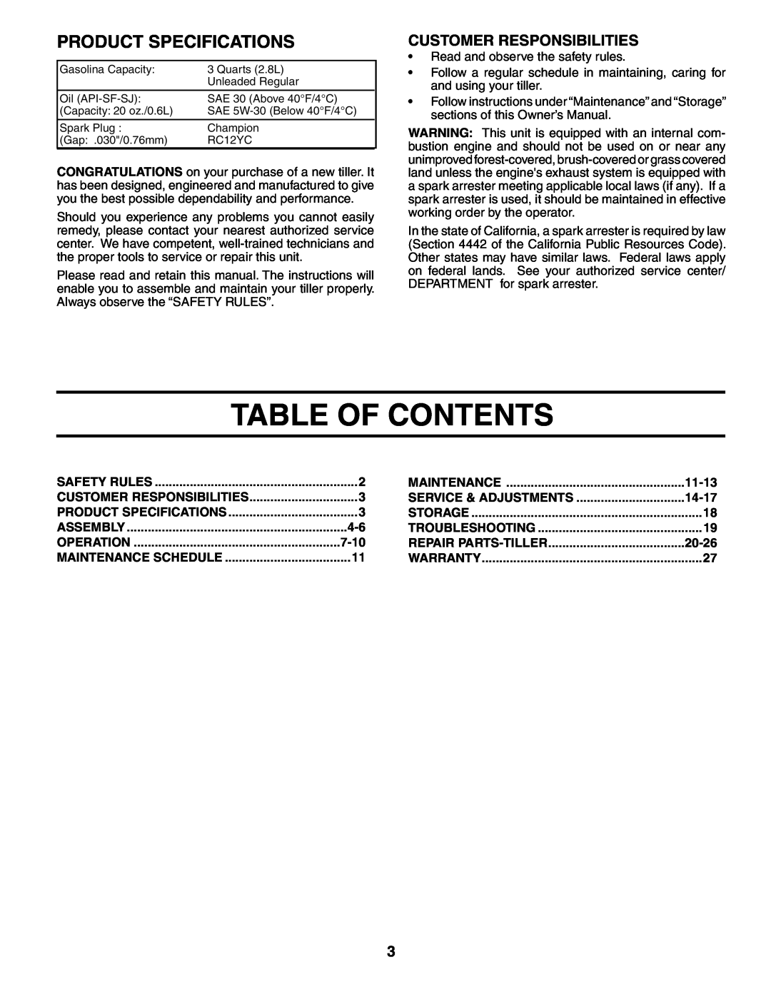 Poulan 184865 owner manual Table Of Contents, Product Specifications, Customer Responsibilities 