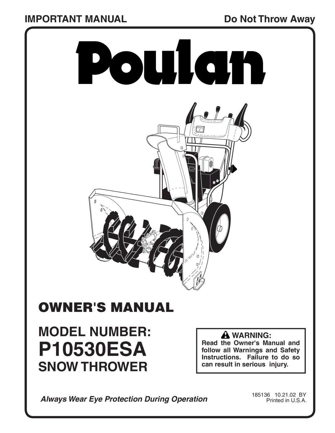 Poulan 185136 owner manual Model Number, Snow Thrower 