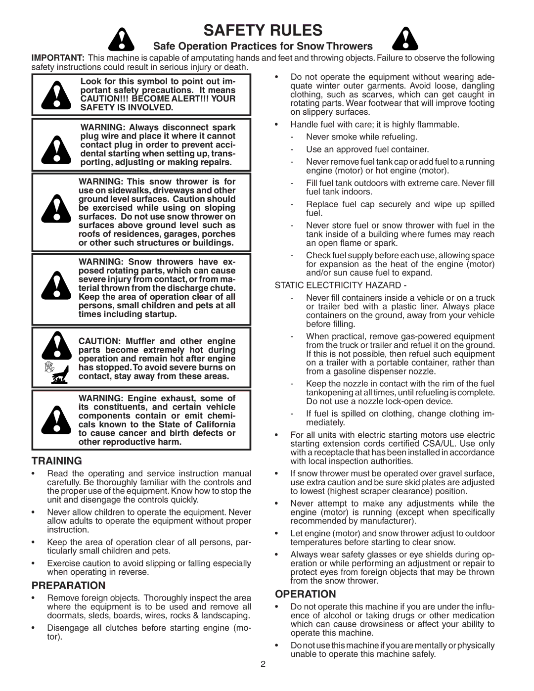 Poulan 185136 owner manual Training, Preparation, Operation, Static Electricity Hazard 