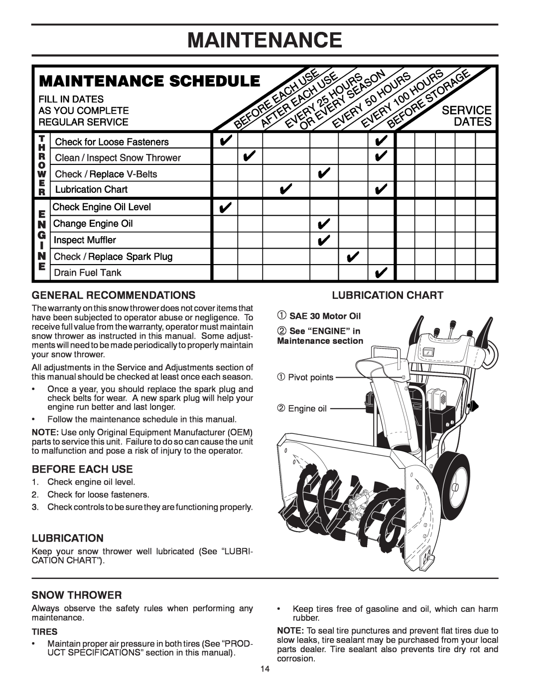 Poulan 185143 Maintenance, General Recommendations, Before Each Use, Snow Thrower, Lubrication Chart, Tires 
