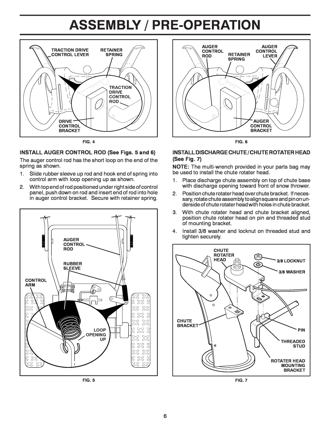 Poulan 185143 owner manual Assembly / Pre-Operation, INSTALL AUGER CONTROL ROD See Figs. 5 and 