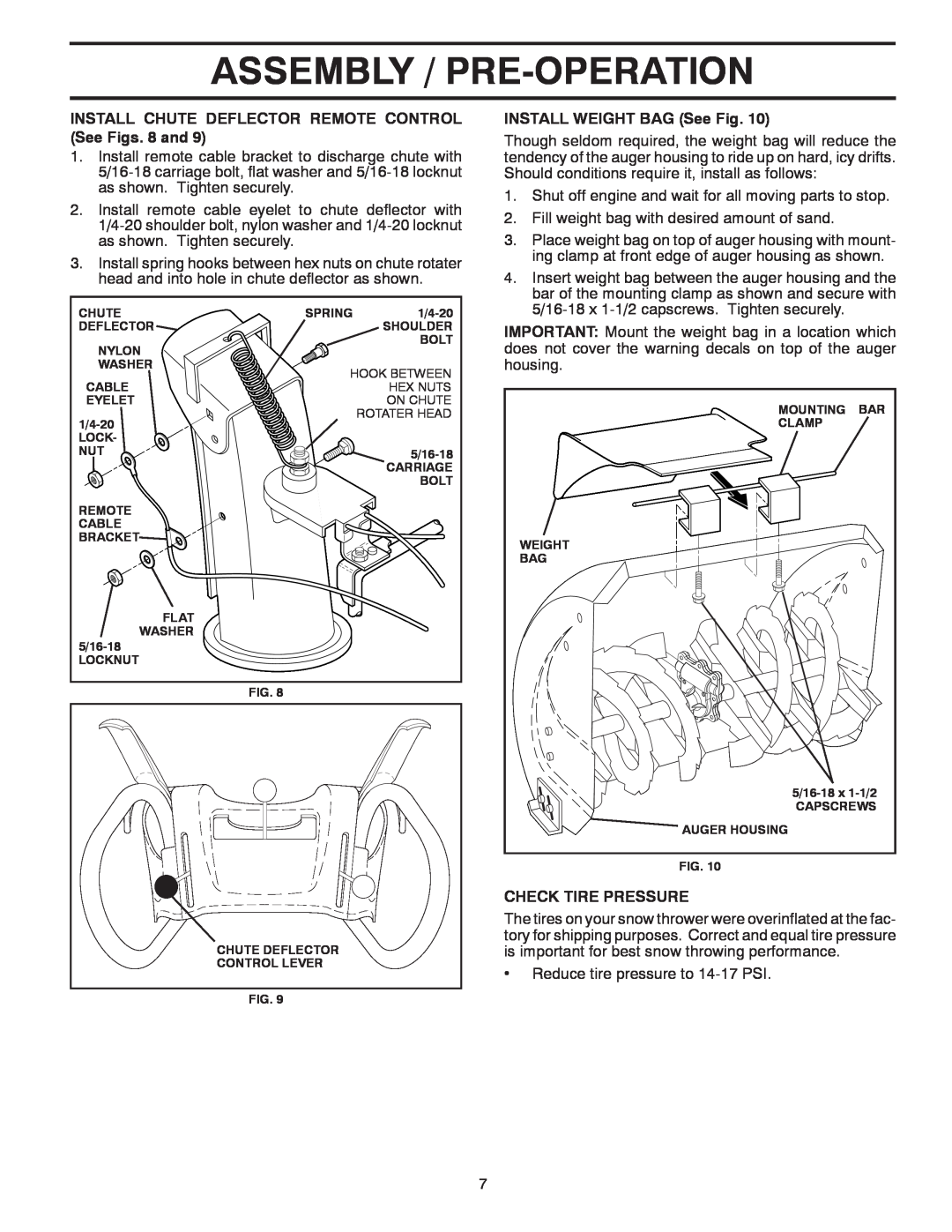 Poulan 185143 Assembly / Pre-Operation, INSTALL CHUTE DEFLECTOR REMOTE CONTROL See Figs. 8 and, INSTALL WEIGHT BAG See Fig 