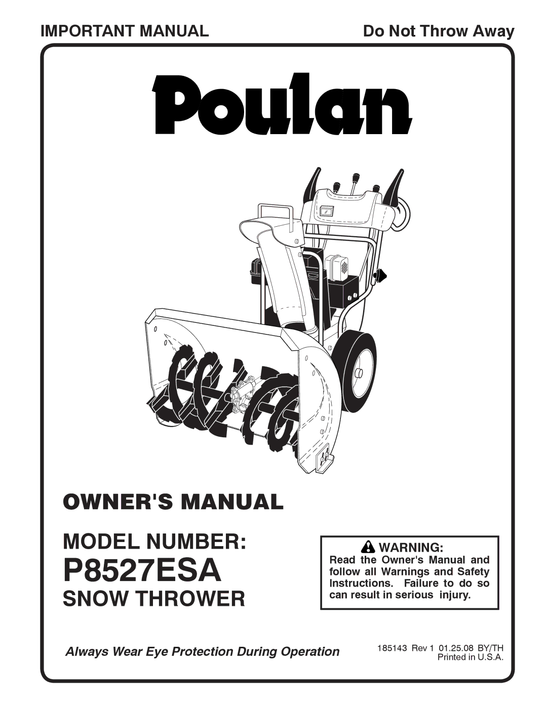 Poulan 185143 owner manual Model Number, Snow Thrower 