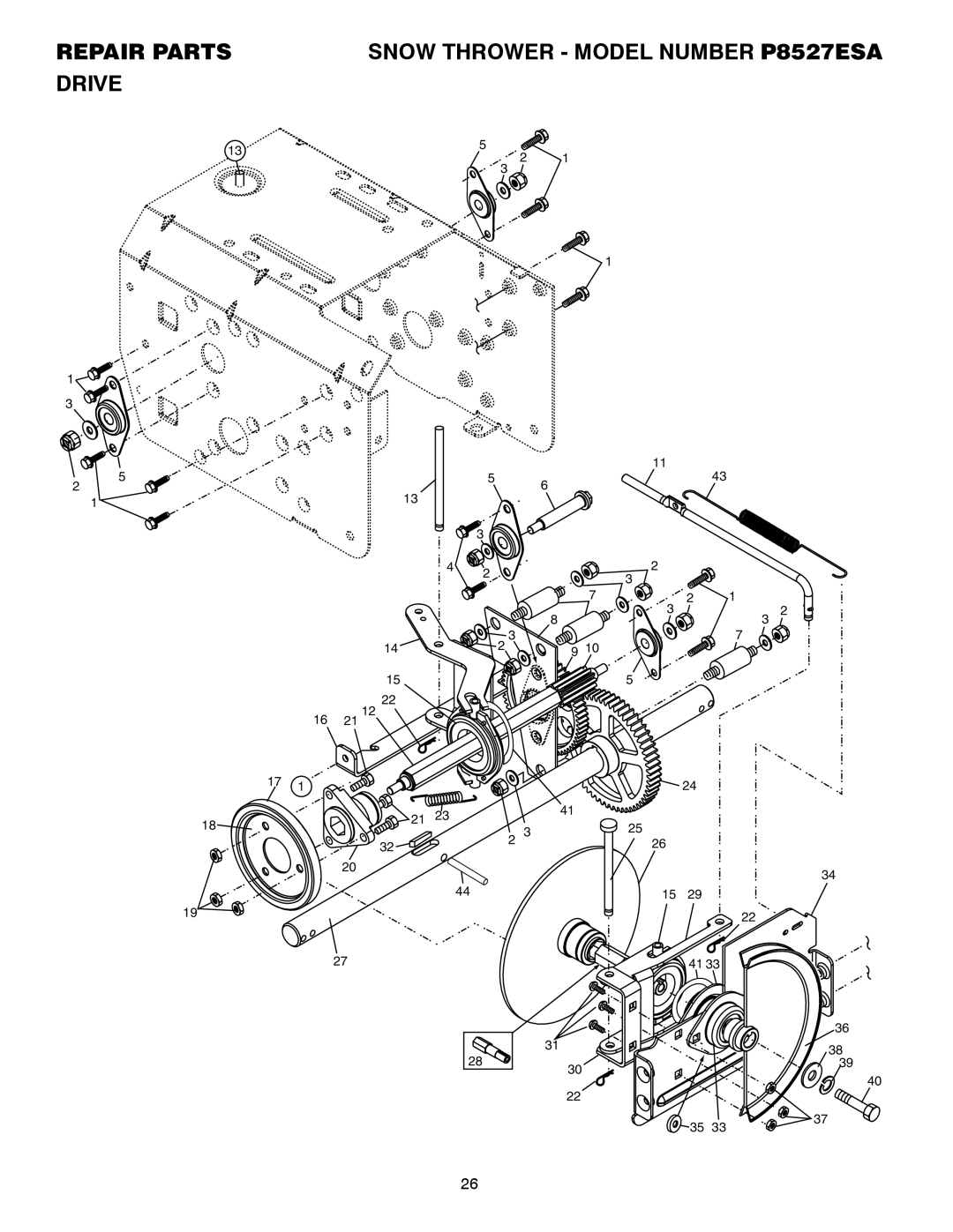 Poulan 185143 owner manual Repair Parts Snow Thrower Model Number P8527ESA Drive 