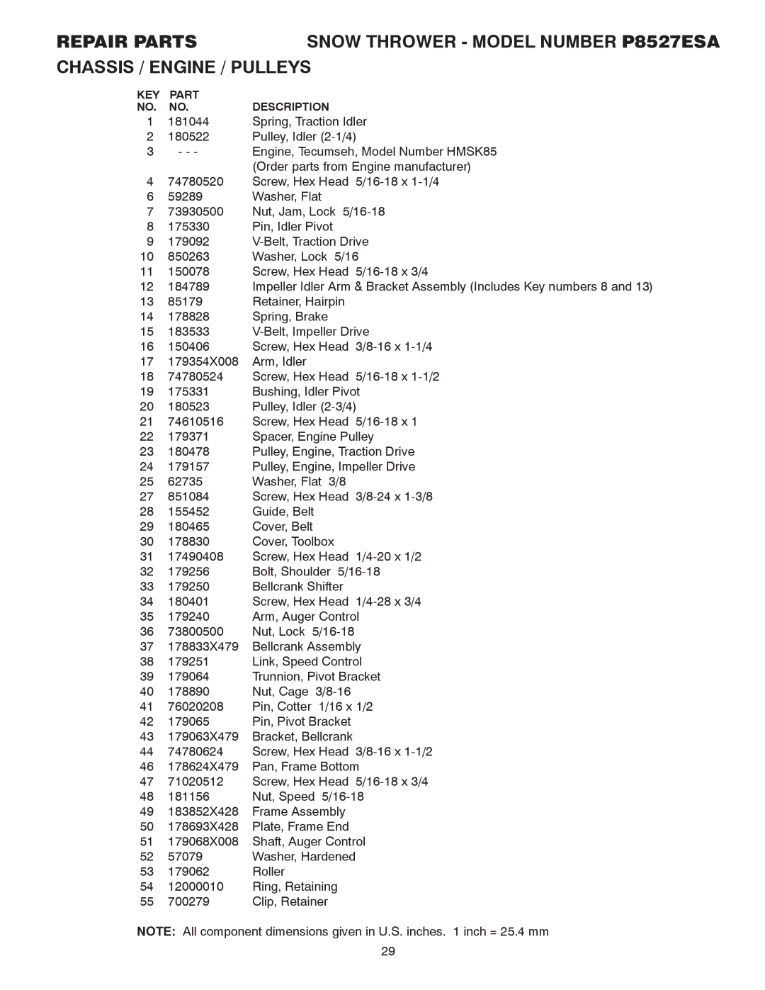 Poulan 185143 owner manual KEY Part Description 