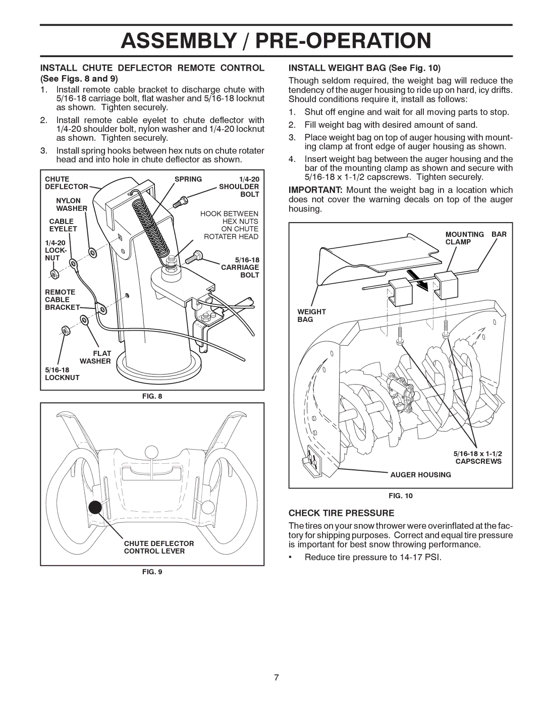 Poulan 185143 Install Chute Deflector Remote Control See Figs, Install Weight BAG See Fig, Housing, Check Tire Pressure 