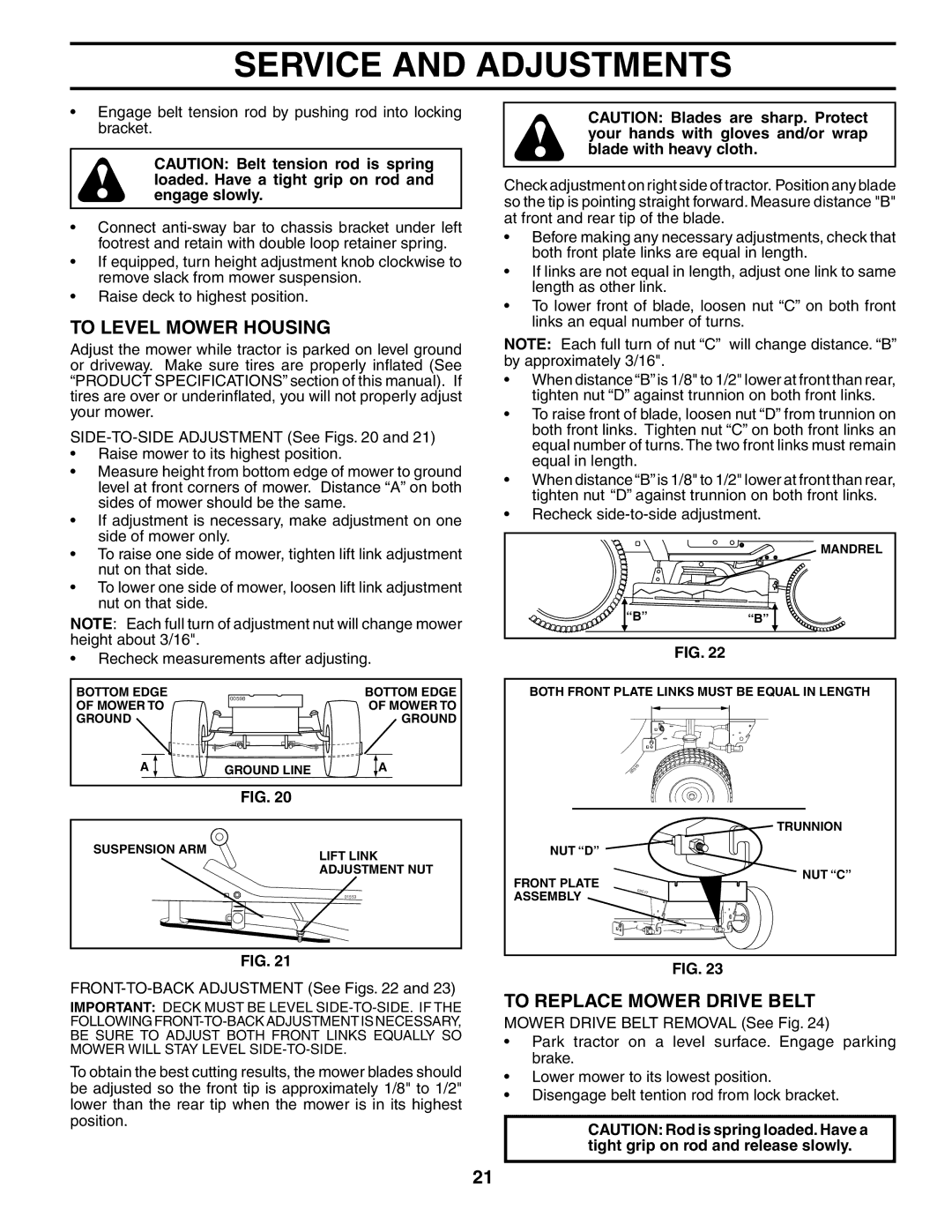 Poulan 02153, 186666 owner manual To Level Mower Housing, To Replace Mower Drive Belt 