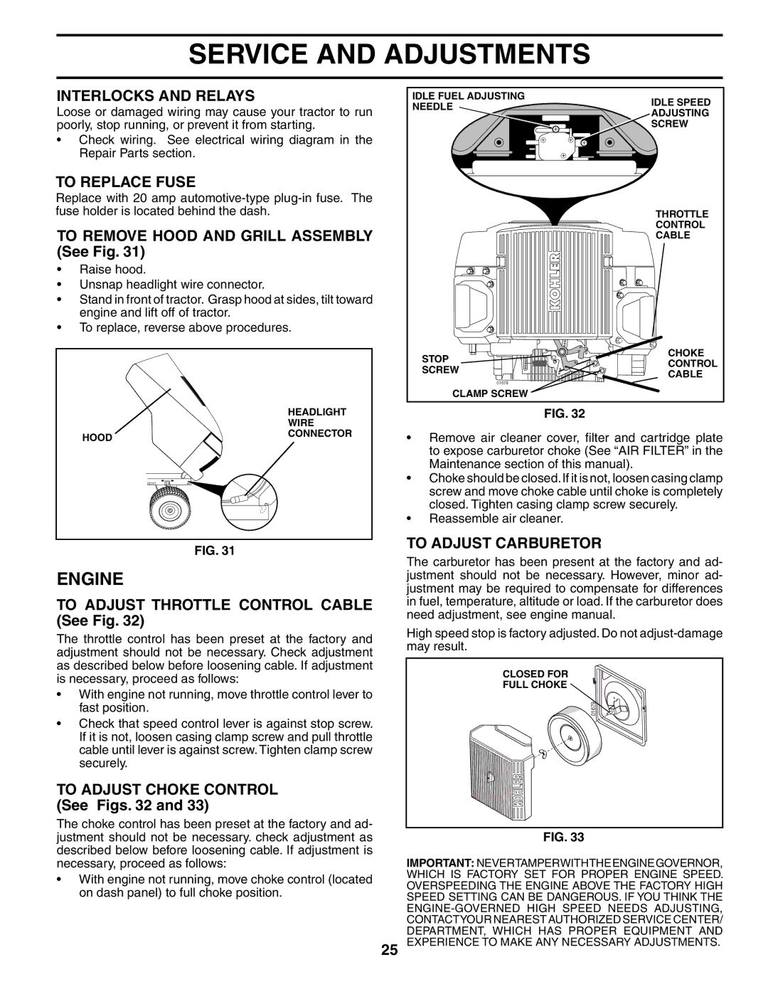 Poulan 02153, 186666 owner manual Interlocks and Relays, To Replace Fuse, To Adjust Carburetor 