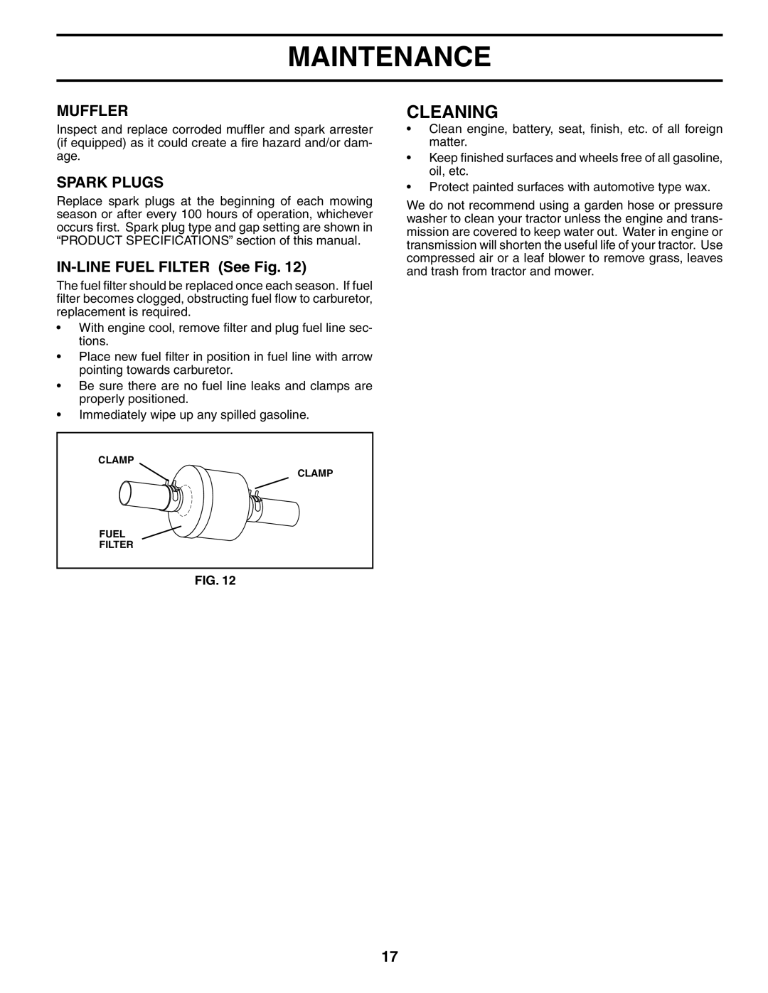 Poulan 187007 manual Cleaning, Muffler, Spark Plugs, IN-LINE Fuel Filter See Fig 