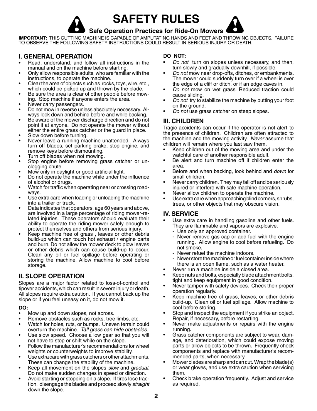 Poulan 187007 manual Safety Rules, General Operation, II. Slope Operation, III. Children, IV. Service 