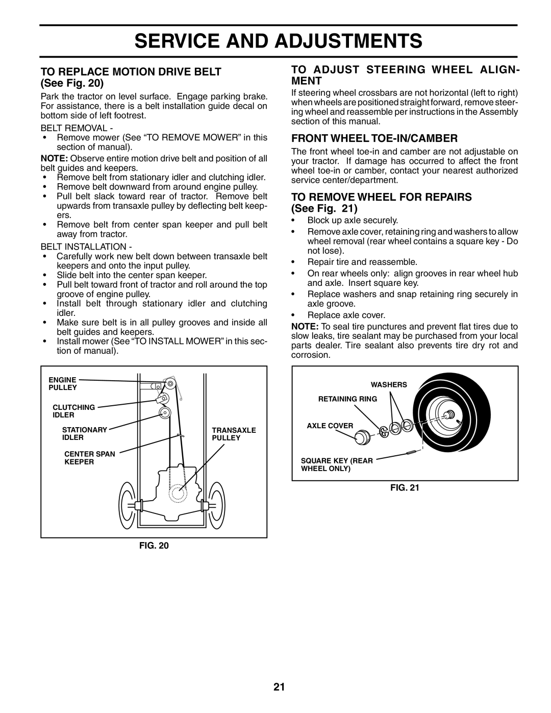 Poulan 187007 manual To Replace Motion Drive Belt See Fig, To Adjust Steering Wheel ALIGN- Ment, Front Wheel TOE-IN/CAMBER 