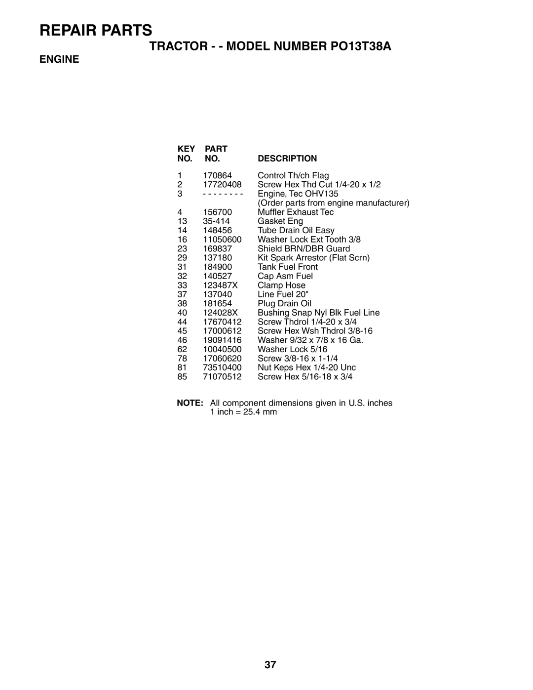 Poulan 187007 manual KEY Part NO. NO. Description 