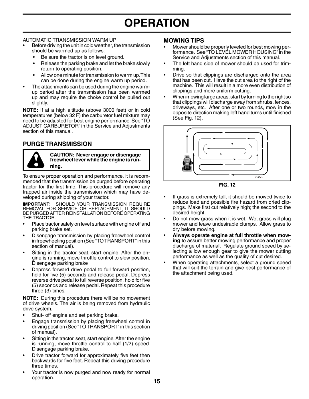 Poulan 187009 owner manual Purge Transmission, Mowing Tips, Automatic Transmission Warm UP 